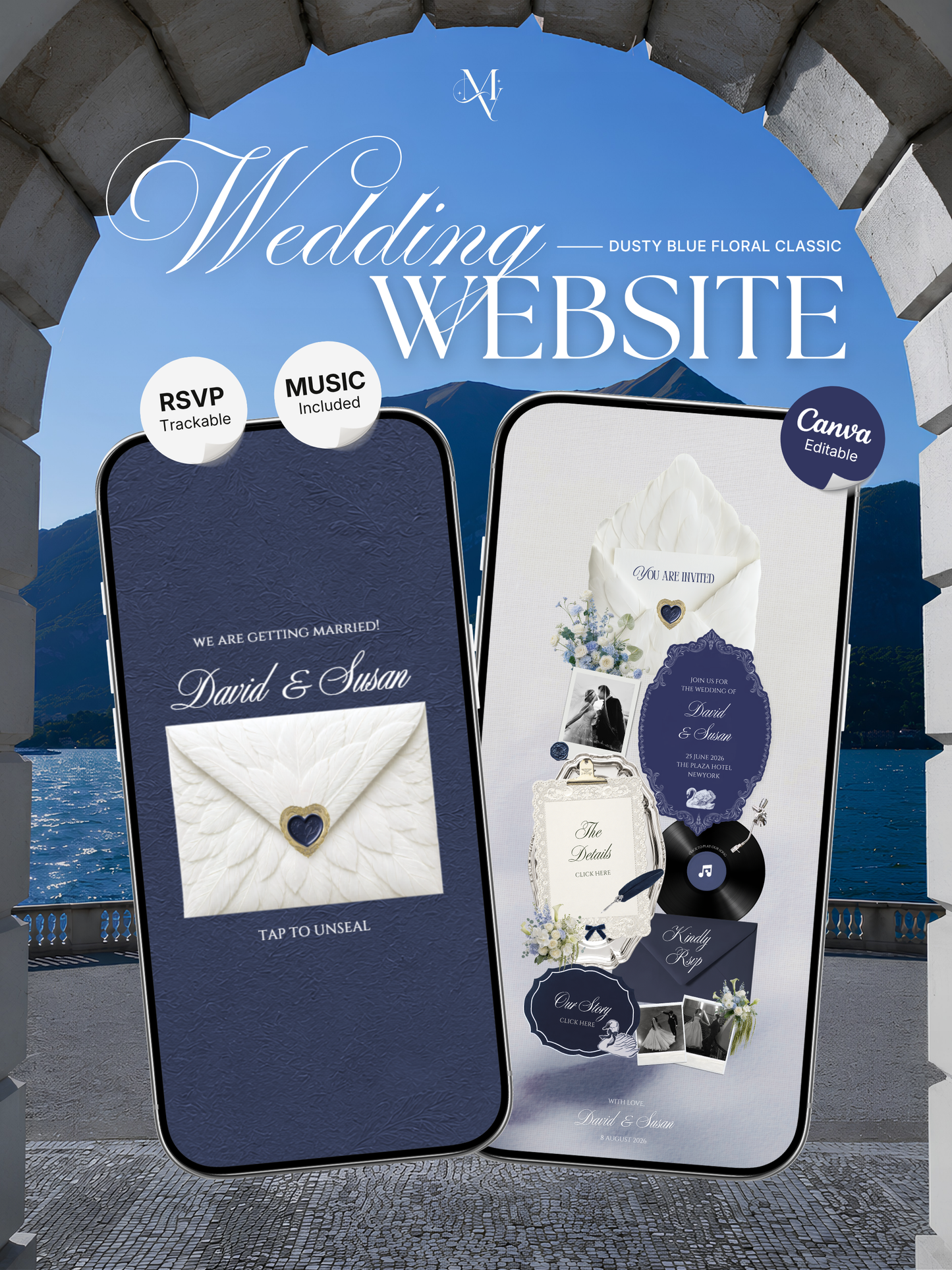 Navy & Dusty Blue Wedding Website Template with RSVP, Music and Countdown : Floral Classic Envelope Digital Invitation (Digital Download)