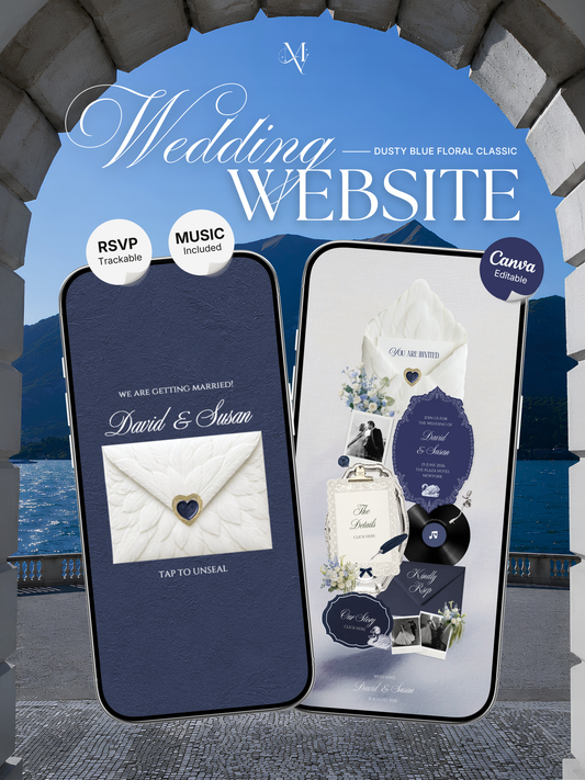 Navy & Dusty Blue Wedding Website Template with RSVP, Music and Countdown : Floral Classic Envelope Digital Invitation (Digital Download)