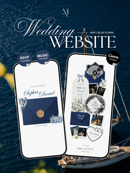 Navy & Dusty Blue Wedding Website Template | Editable Invitation with RSVP, Music and Countdown Timer (Digital Download)