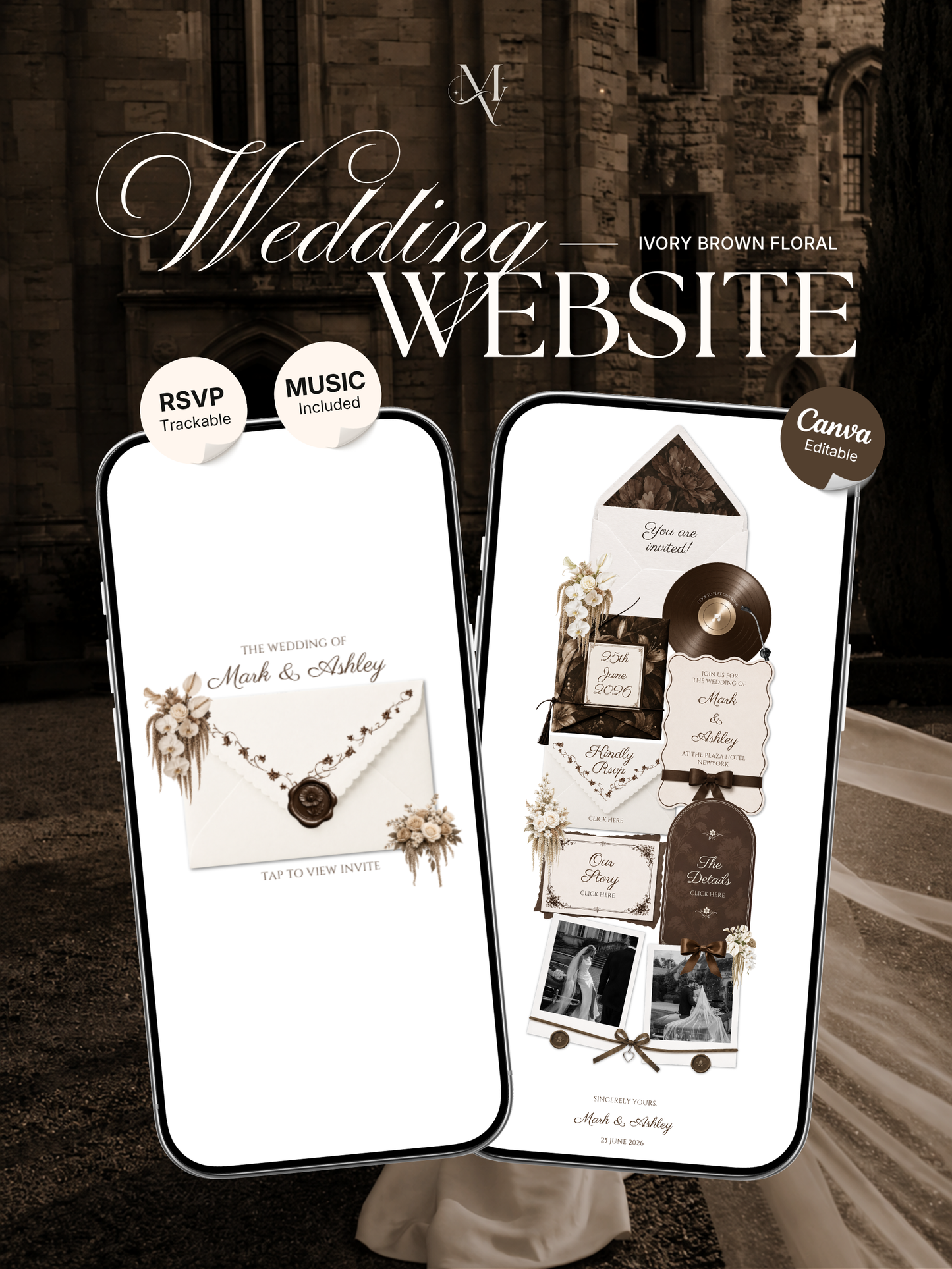 Brown & Ivory Wedding Website Template | Editable Invitation with RSVP, Music and Countdown Timer (Digital Download)
