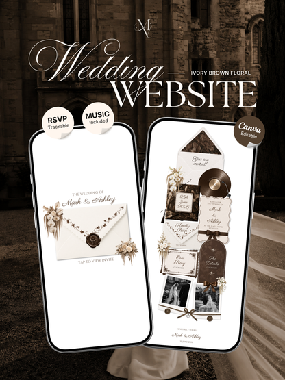 Brown & Ivory Wedding Website Template | Editable Invitation with RSVP, Music and Countdown Timer (Digital Download)