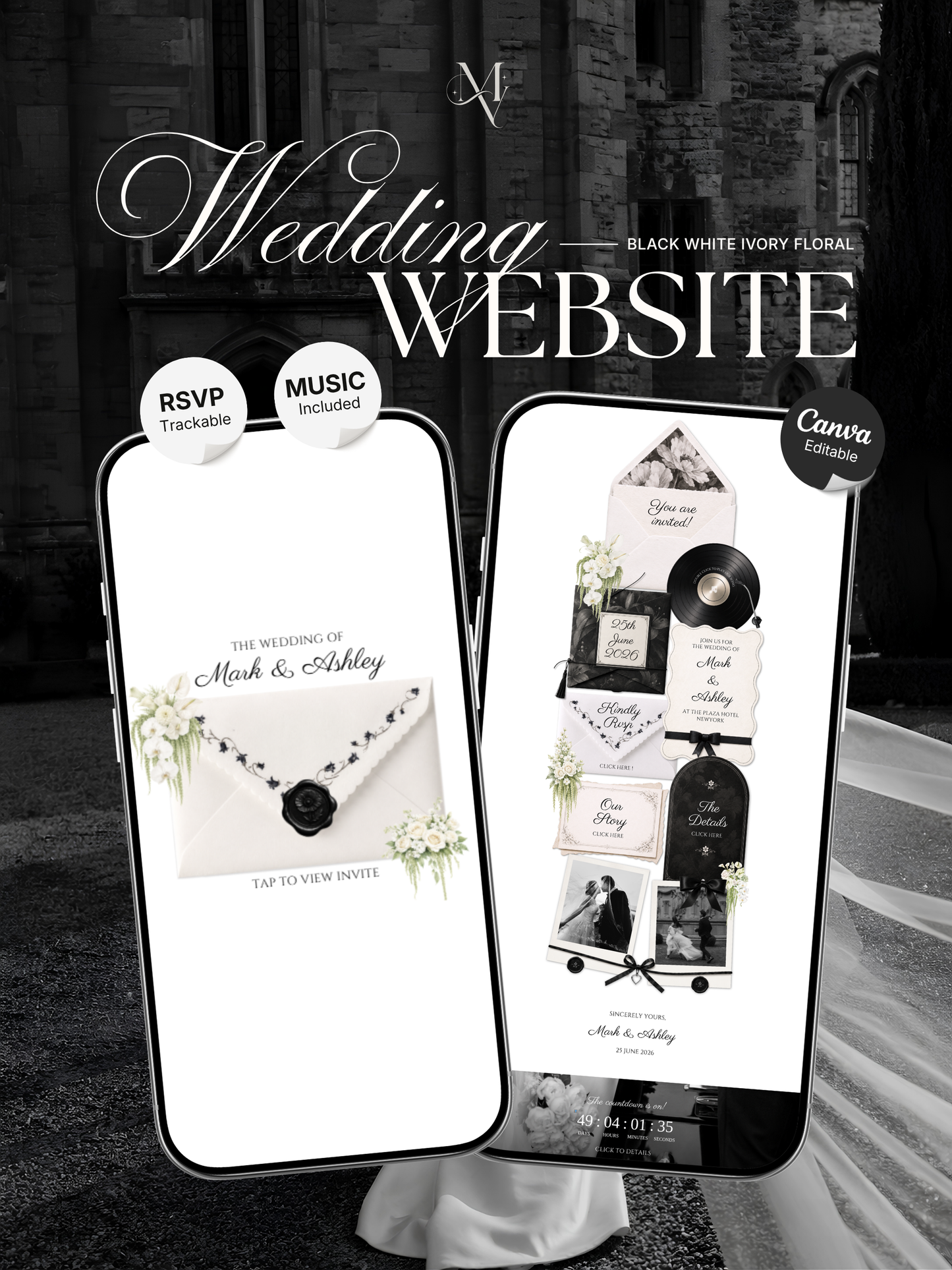 White & Black Floral Wedding Website Template | Editable Invitation with RSVP, Music and Countdown Timer (Digital Download)