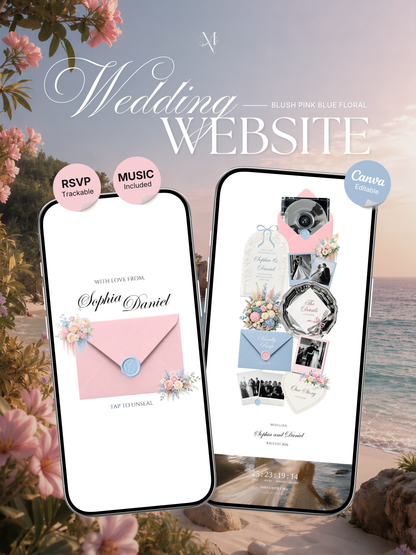 Blush Pink & Blue Wedding Website Template with RSVP, Music and Countdown | Floral Classic Envelope Digital Invitation (Instant Download)