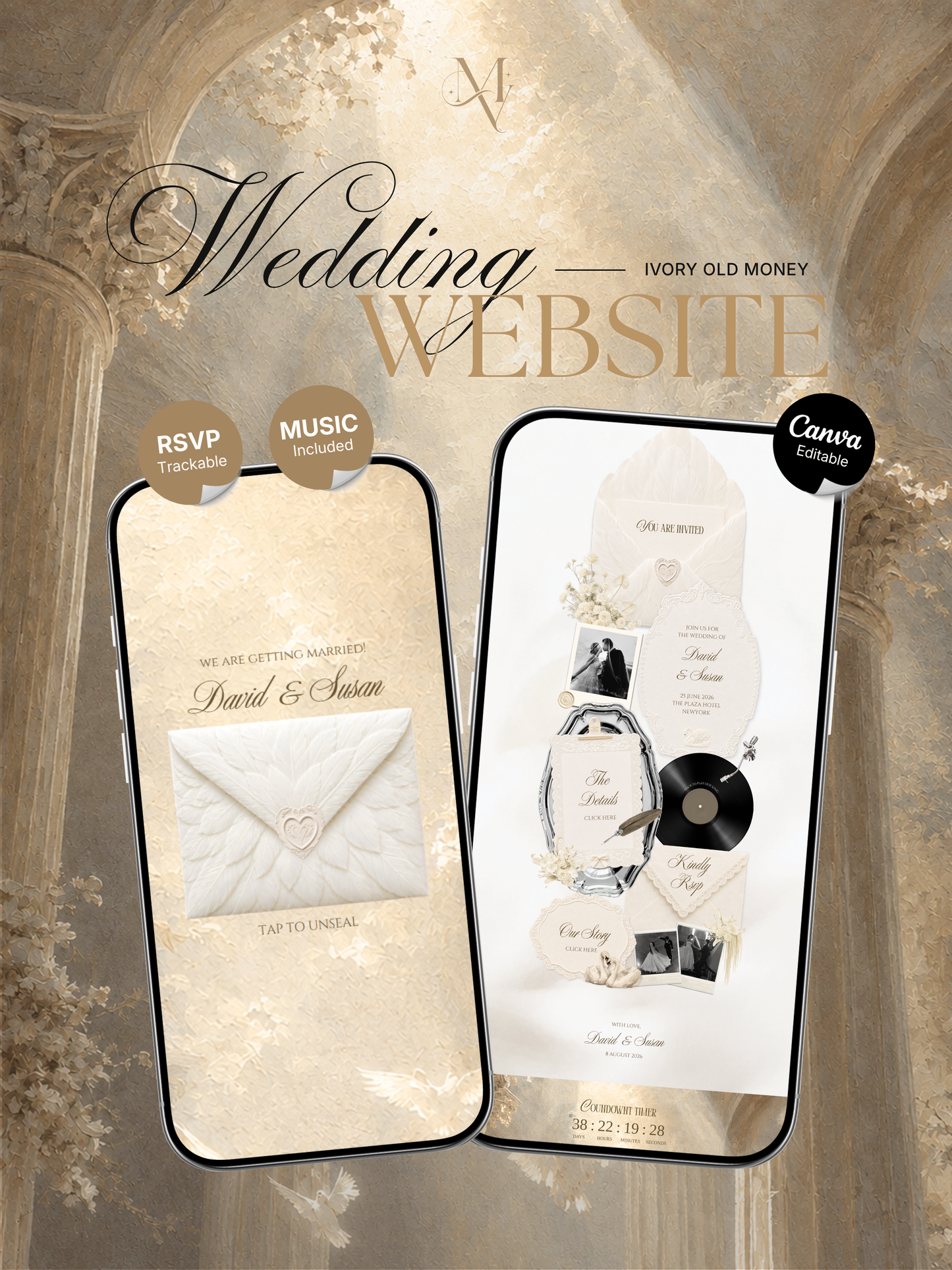 Ivory Wedding Website Template Canva | Old Money Vintage Digital Invitation with RSVP, Music and Countdown Timer | Instant Download
