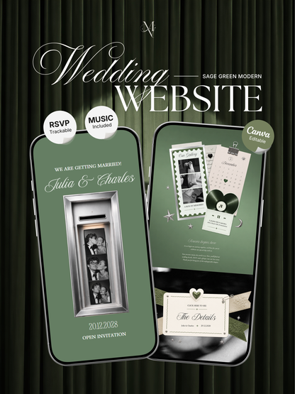 Sage Green Photo Booth Wedding Website Template | Modern Wedding Invitation with RSVP, Music and Countdown Timer | Instant Download