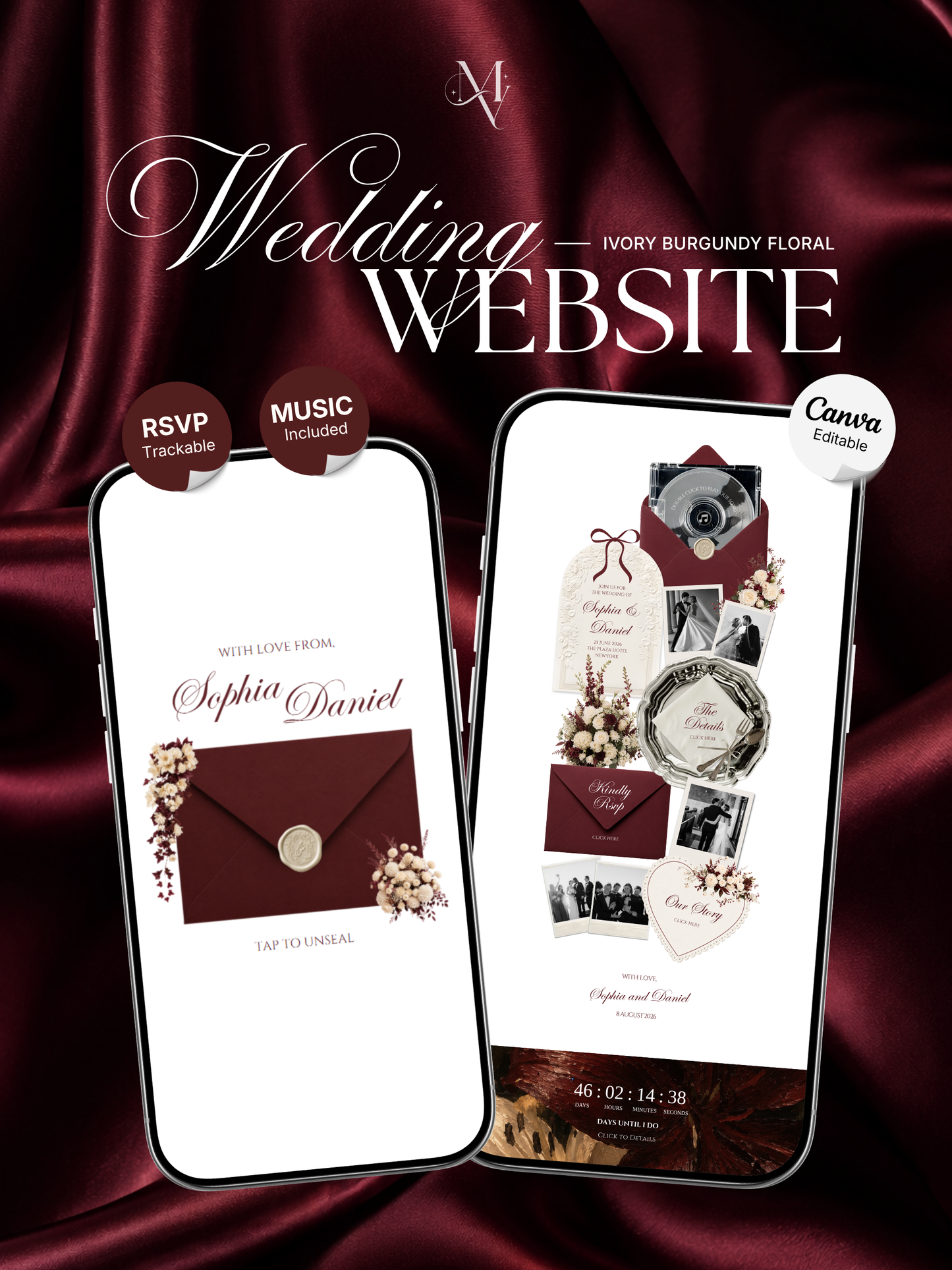 Burgundy & Ivory Wedding Website Template | Vintage Digital Invitation with RSVP, Music and Countdown Timer (Digital Download)