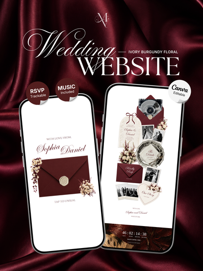 Burgundy & Ivory Wedding Website Template | Vintage Digital Invitation with RSVP, Music and Countdown Timer (Digital Download)