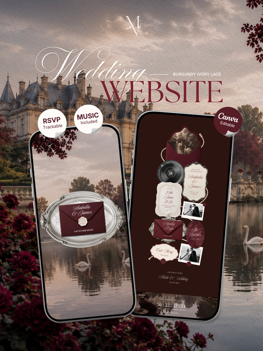 Old Money Burgundy Wedding Website Template with RSVP, Music and Countdown Timer: Digital Invitation (Digital Download)