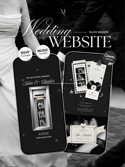 Black Photo Booth Wedding Website Template | Modern Wedding Invitation with RSVP, Music and Countdown Timer | Instant Download