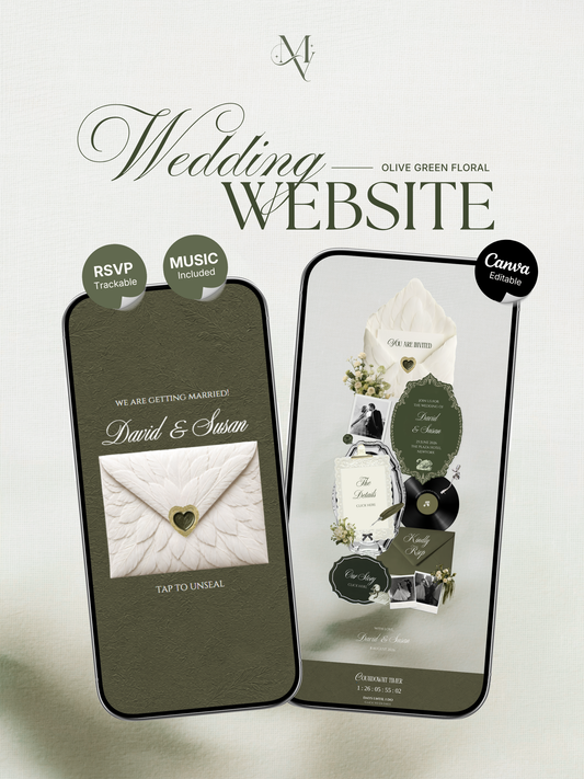 Olive Green Vintage Wedding Website Template with RSVP, Music and Countdown Timer: Canva Editable Template (Digital Download)