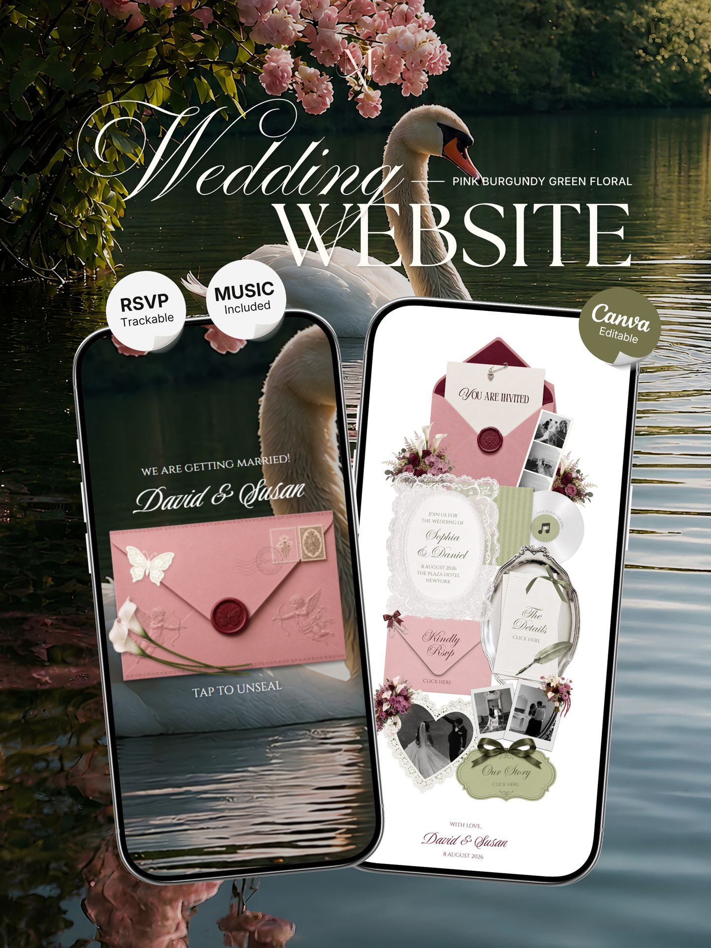 Pink, Burgundy & Green Floral Wedding Website Template with RSVP, Music and Countdown | Editable Digital Canva Design (Digital Download)