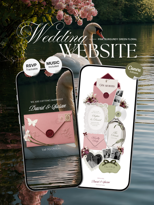 Pink, Burgundy & Green Floral Wedding Website Template with RSVP, Music and Countdown | Editable Digital Canva Design (Digital Download)