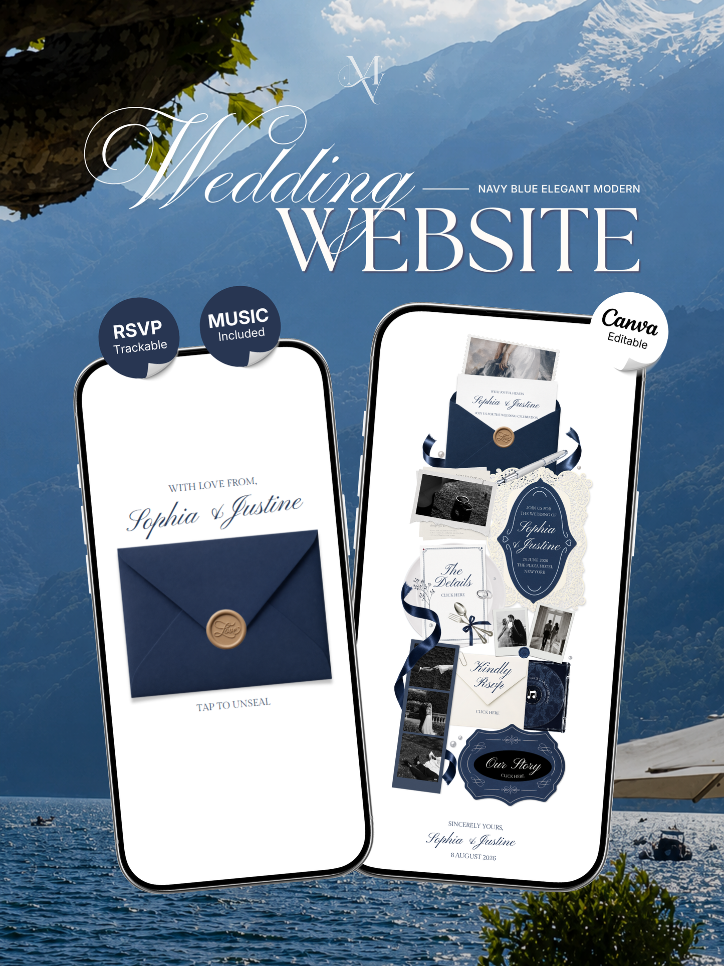Navy & Dusty Blue Wedding Website Template with RSVP, Music and Countdown Timer: Digital Editable Canva Website (Digital Download)