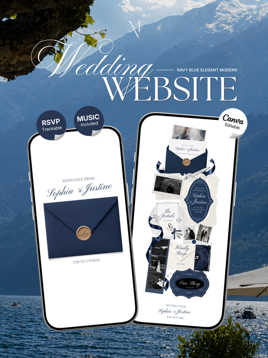 Navy & Dusty Blue Wedding Website Template with RSVP, Music and Countdown Timer: Digital Editable Canva Website (Digital Download)