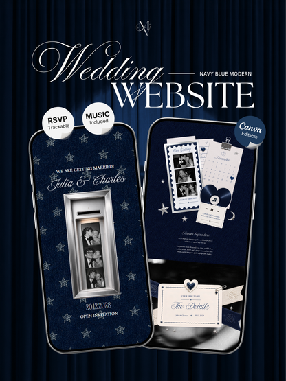 Navy Blue Photo Booth Wedding Website Template | Modern Wedding Invitation with RSVP, Music and Countdown Timer | Instant Download