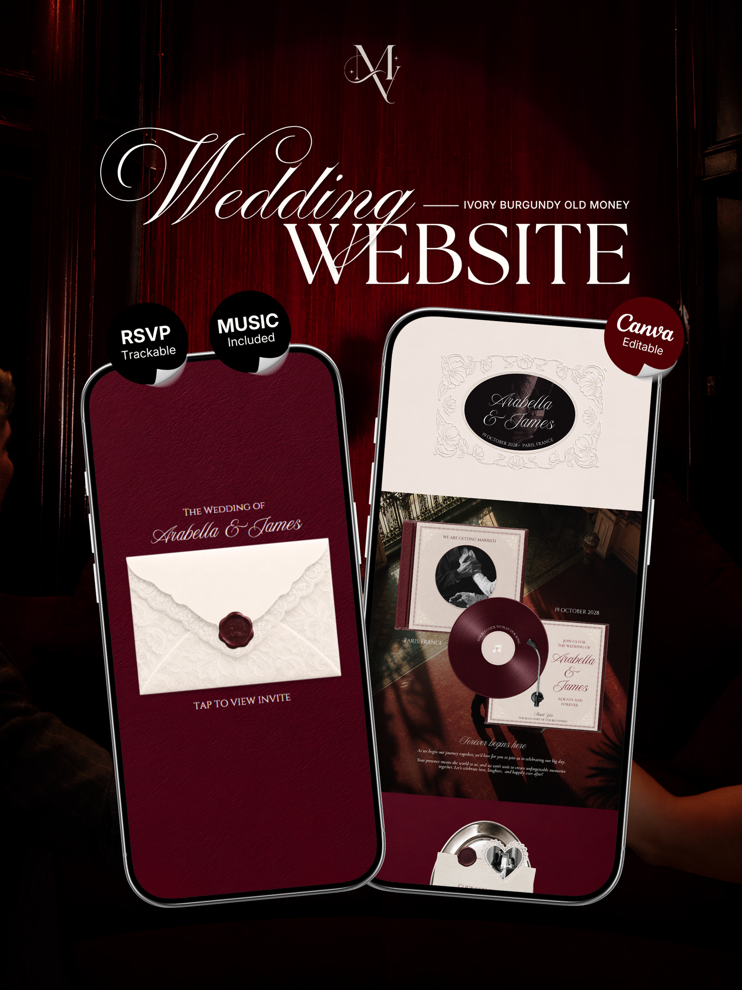 Burgundy & Ivory Wedding Website Template with RSVP, Music and Countdown Timer: Digital Wedding Template (Digital Download)