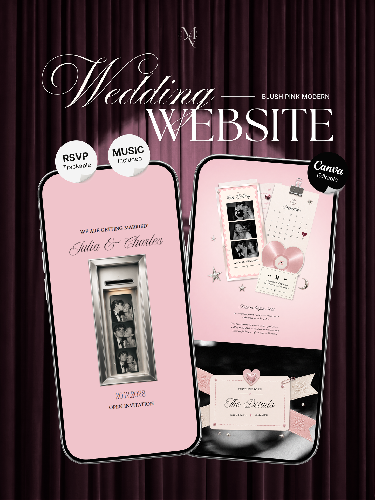 Blush Pink Photo Booth Wedding Website Template | Modern Wedding Invitation with RSVP, Music and Countdown Timer | Instant Download