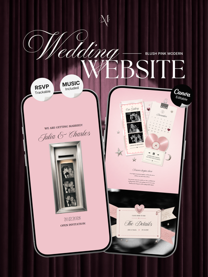Blush Pink Photo Booth Wedding Website Template | Modern Wedding Invitation with RSVP, Music and Countdown Timer | Instant Download