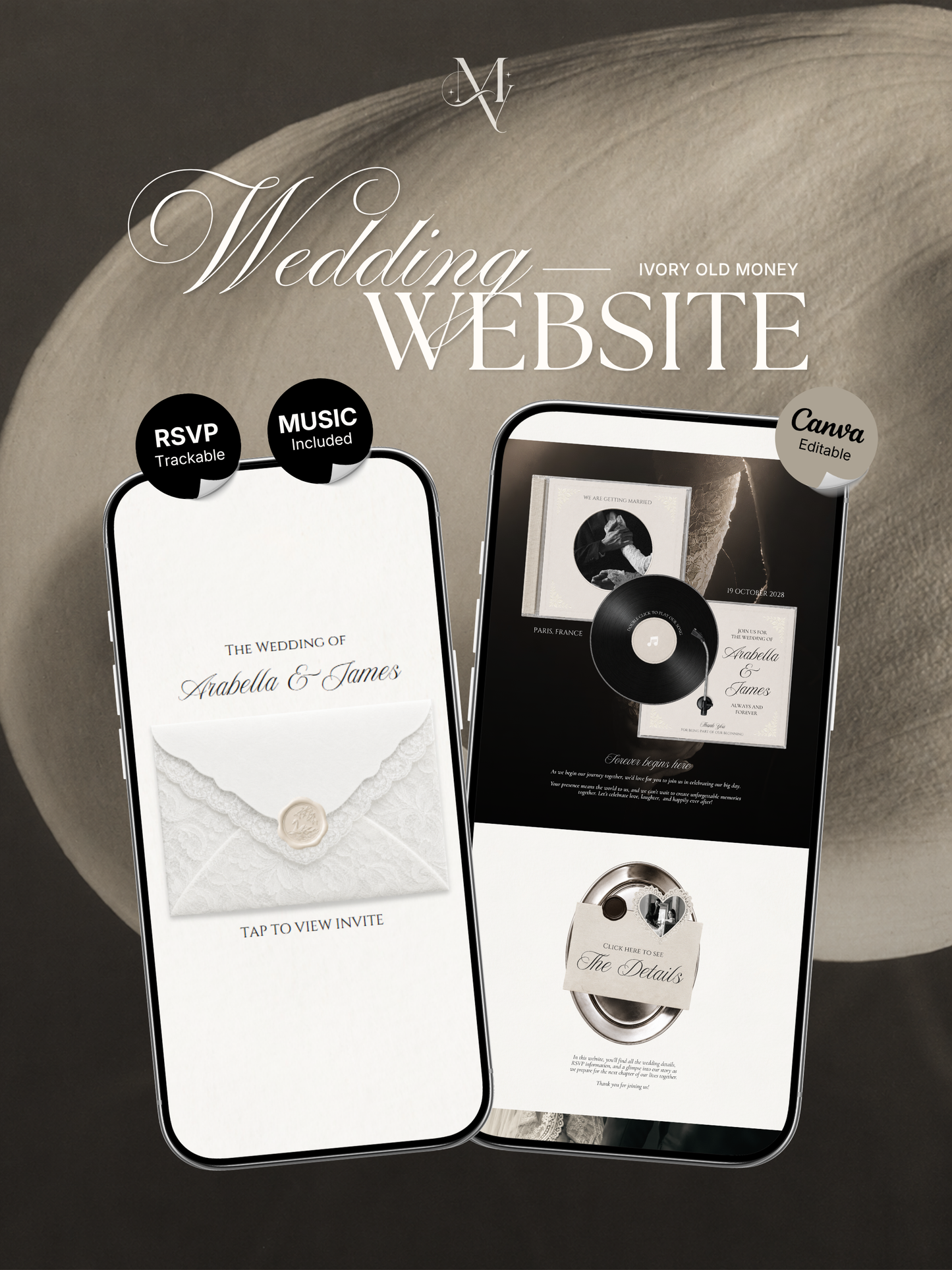 Ivory Minimal Wedding Website Template with RSVP, Music and Countdown Timer: Digital Wedding Template (Digital Download)