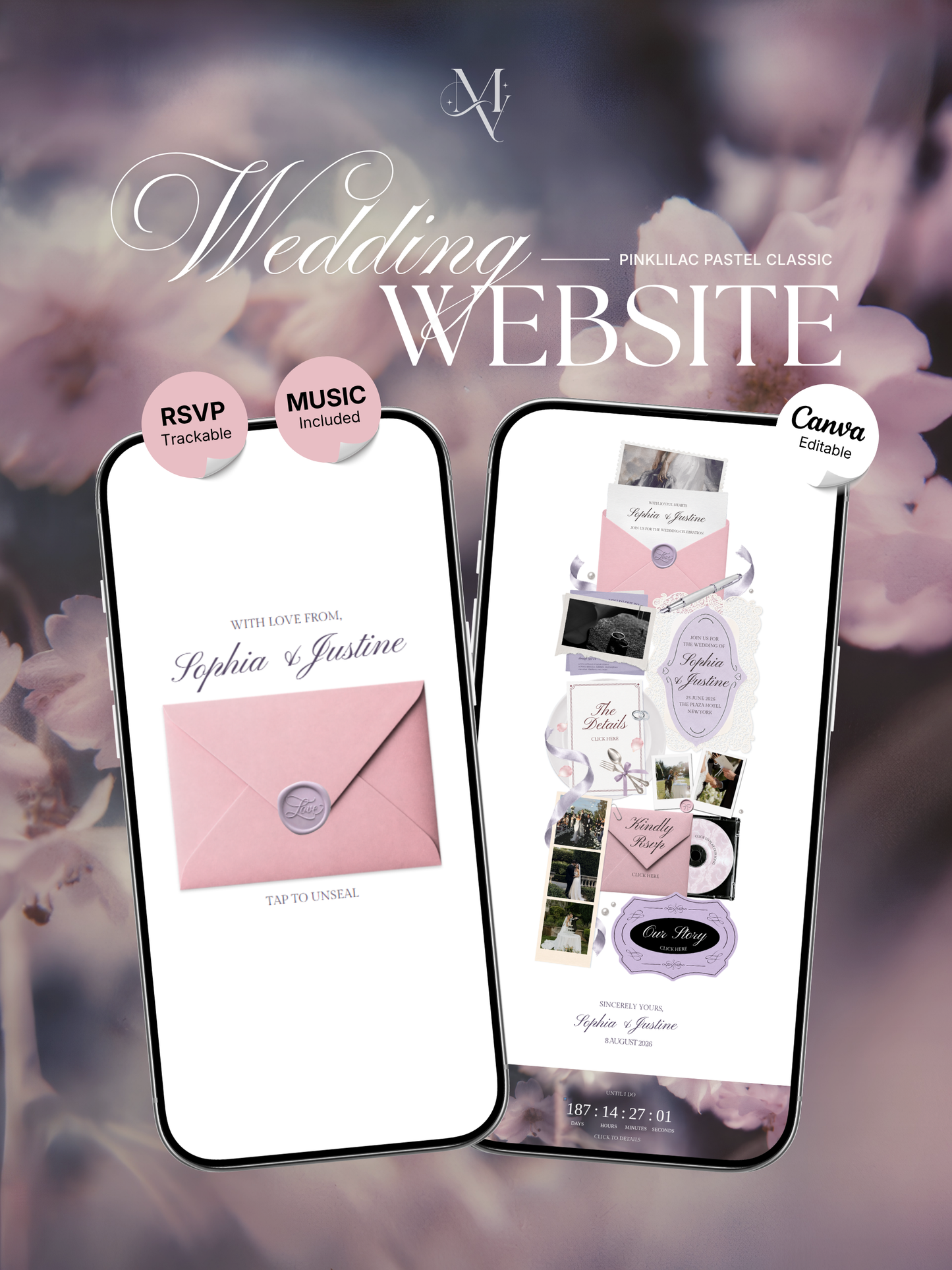 Pink Lilac Pastel Wedding Website Template with RSVP, Music and Countdown Timer | Editable Canva Website (Digital Download)