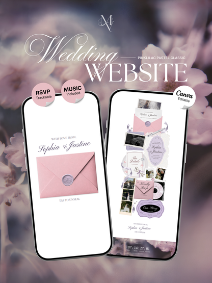 Pink Lilac Pastel Wedding Website Template with RSVP, Music and Countdown Timer | Editable Canva Website (Digital Download)