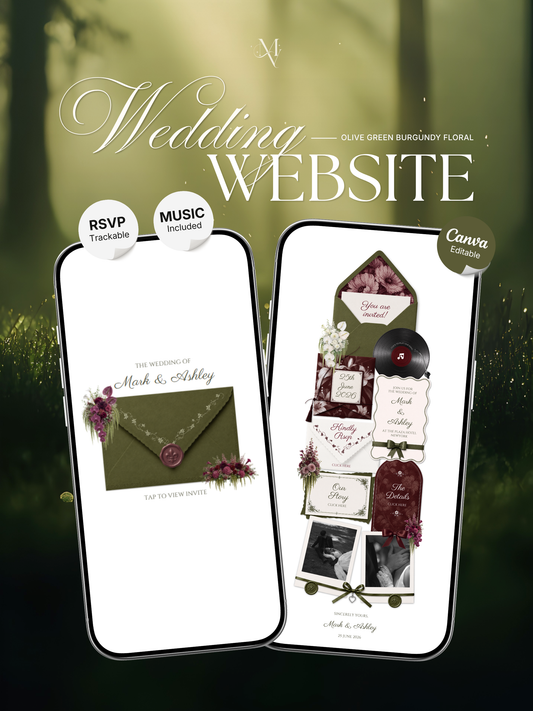 Olive Green & Burgundy Floral Wedding Website Template | Wedding Invitation with RSVP, Music and Countdown Timer | Instant Download