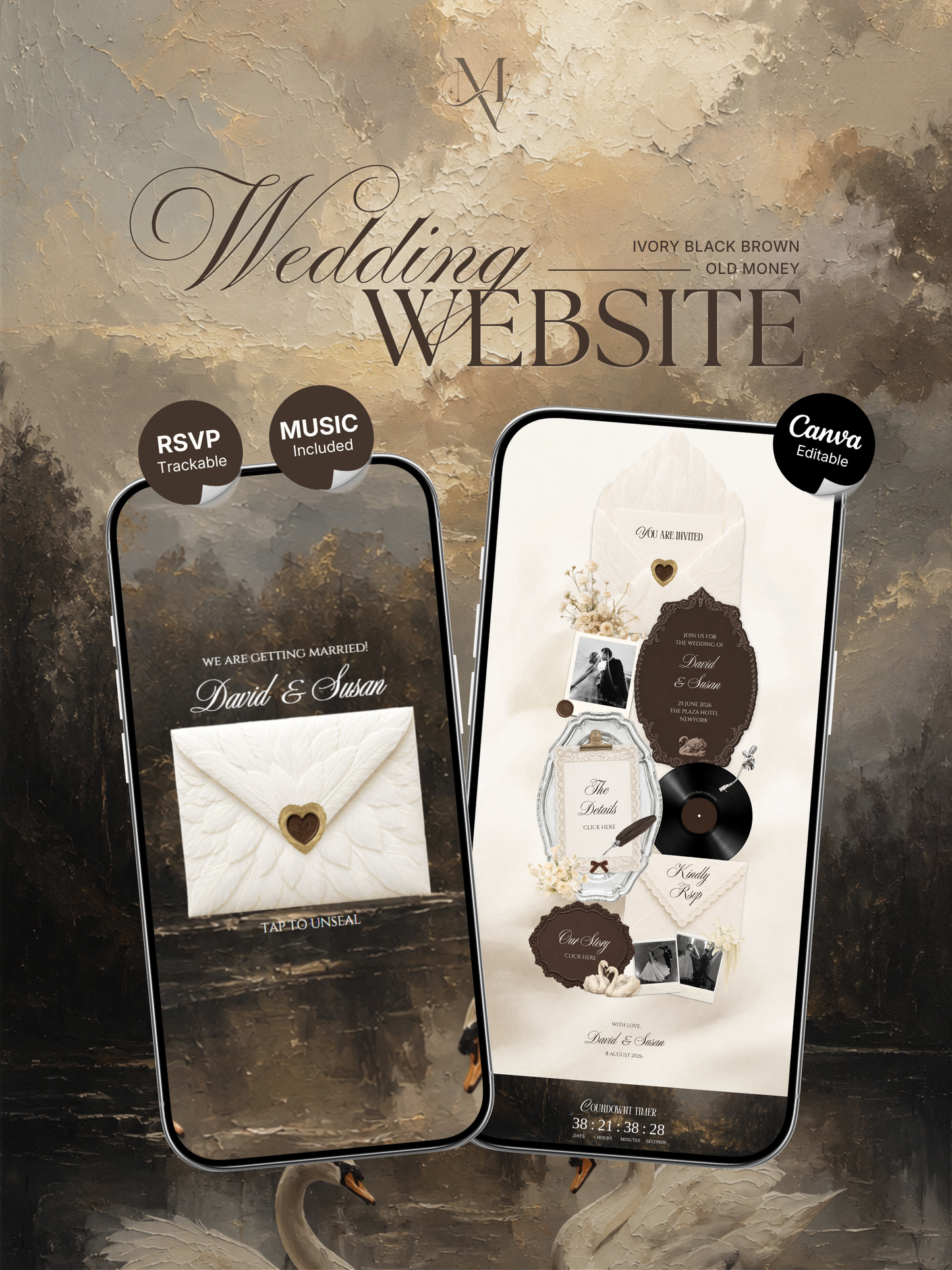 Old Money Wedding Website Template with RSVP , Music and Countdown Timer: Classic Lace Digital Wedding Invitation | Instant Download