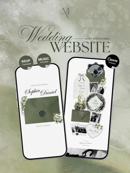 Sage Green Ivory Floral Wedding Website Template with RSVP, Music and Countdown Timer: Editable Canva Website (Digital Download