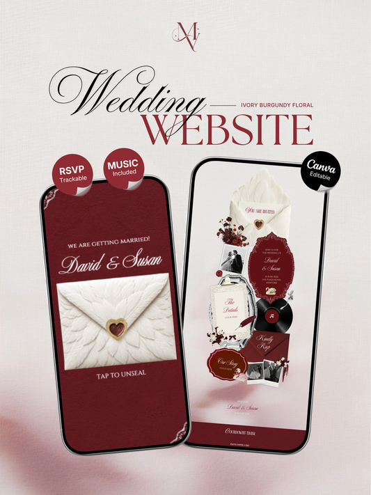 Ivory Burgundy Floral Wedding Website Template with RSVP, Music and Countdown Timer: Editable Canva Website (Digital Download)