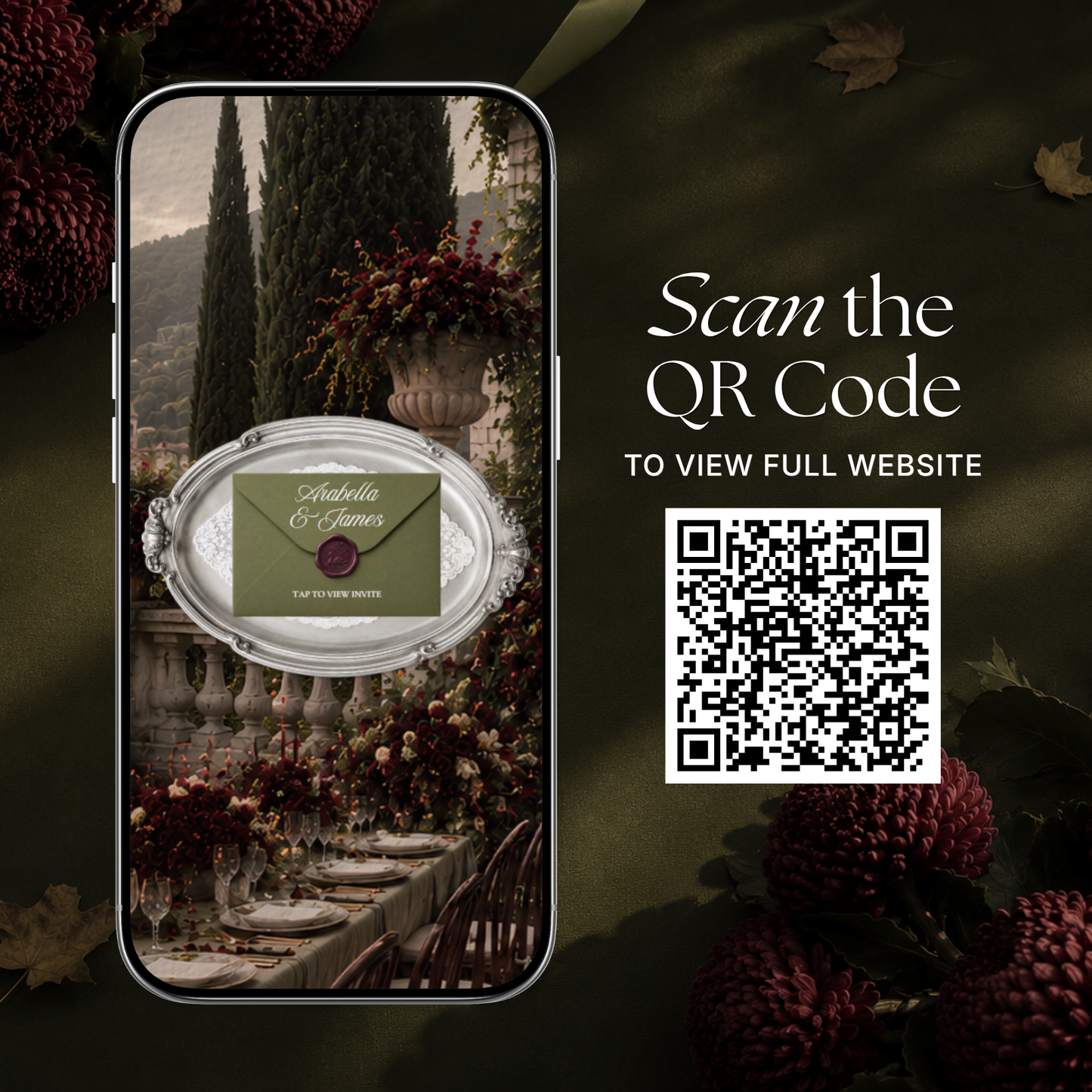 Olive Green & Burgundy Floral Wedding Website Template | Digital Editable Website with RSVP, Music and Countdown Timer | Instant Download
