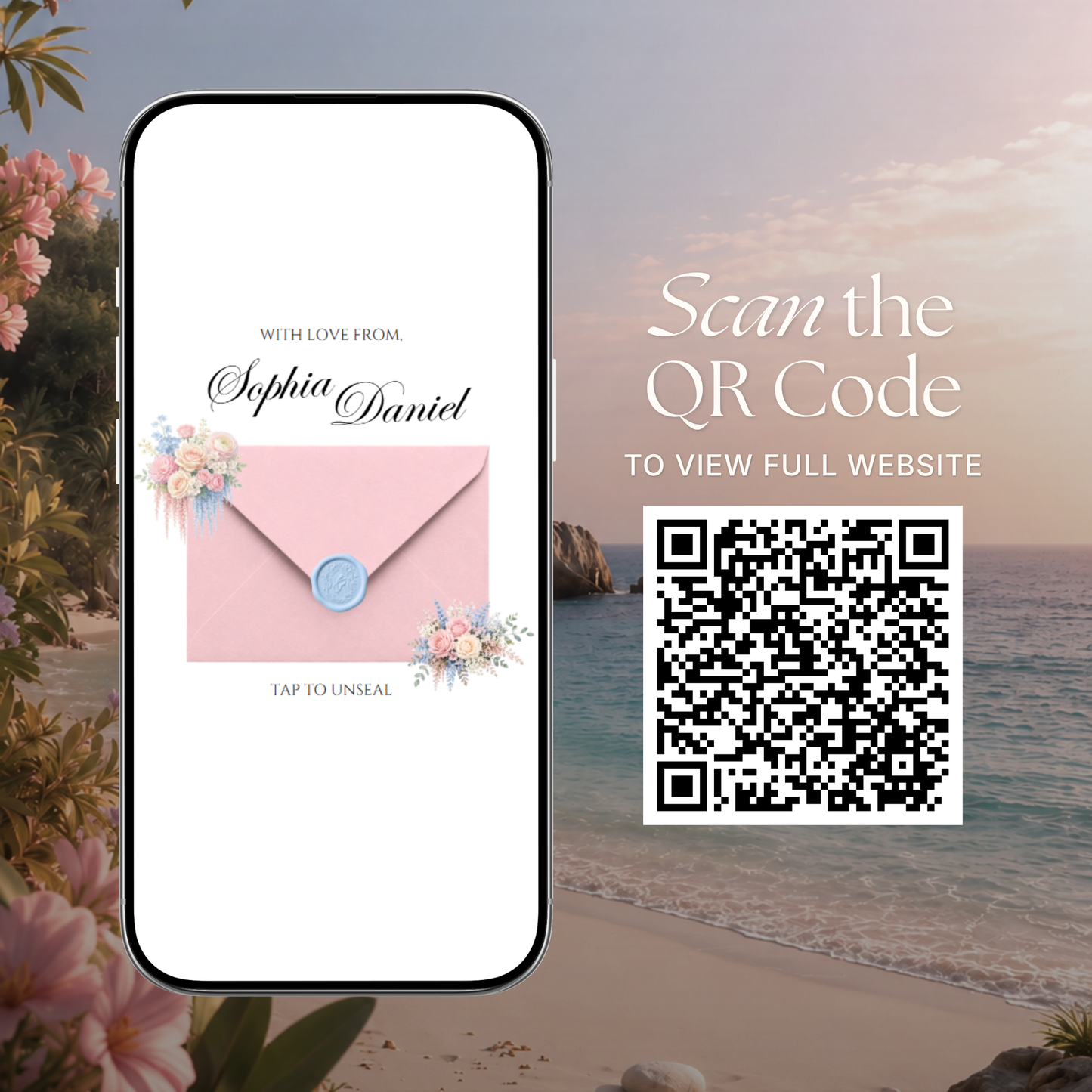 Blush Pink & Blue Wedding Website Template with RSVP, Music and Countdown | Floral Classic Envelope Digital Invitation (Instant Download)