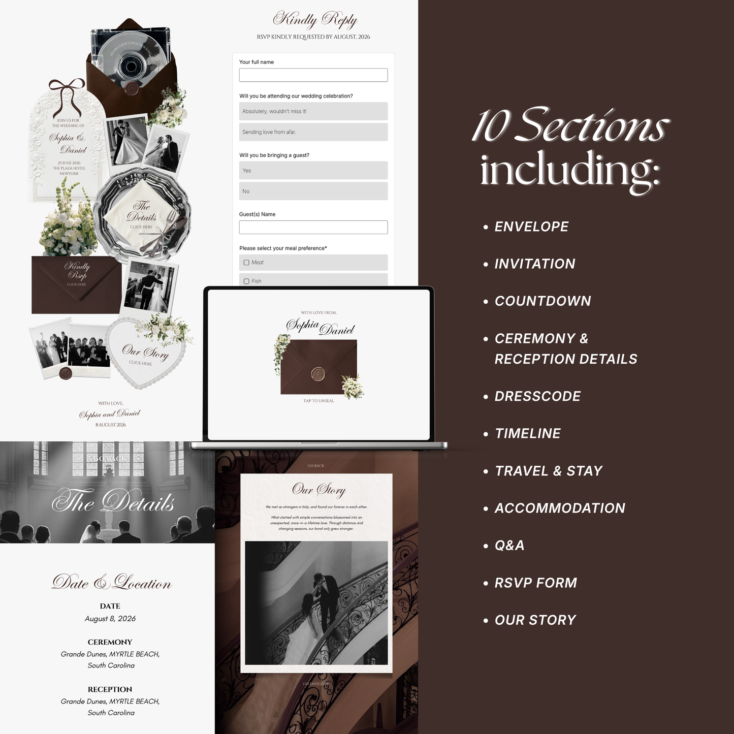Brown & Ivory Floral Wedding Website Template with RSVP, Music and Countdown Timer: Editable Canva Website (Digital Download)