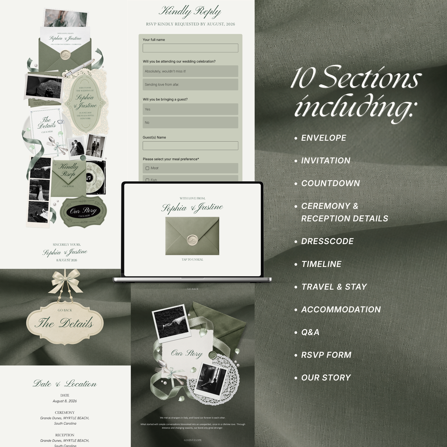 White & Sage Green Classic Wedding Website Template with RSVP, Music and Countdown Timer: Editable Canva Website (Digital Download)