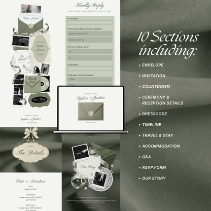 White & Sage Green Classic Wedding Website Template with RSVP, Music and Countdown Timer: Editable Canva Website (Digital Download)