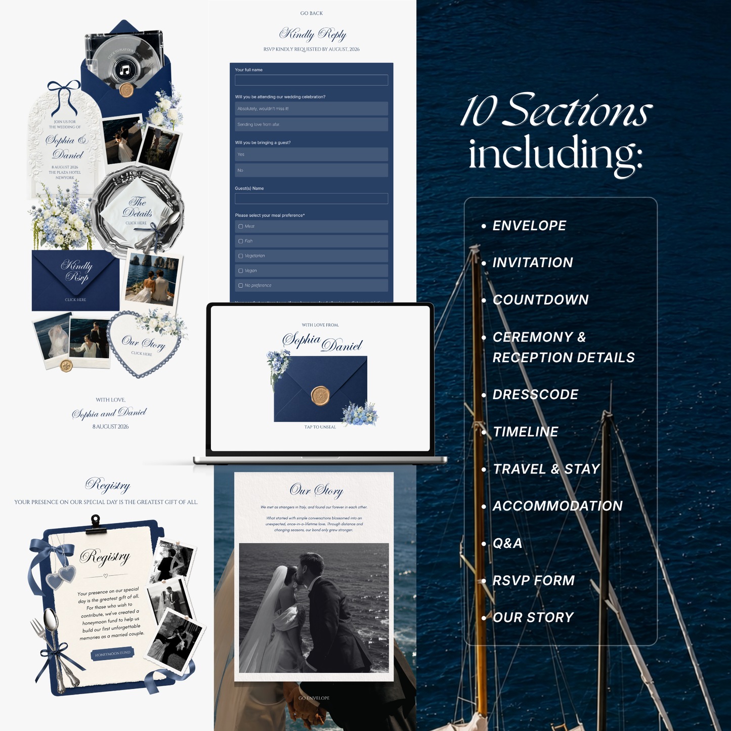 Navy & Dusty Blue Wedding Website Template | Editable Invitation with RSVP, Music and Countdown Timer (Digital Download)