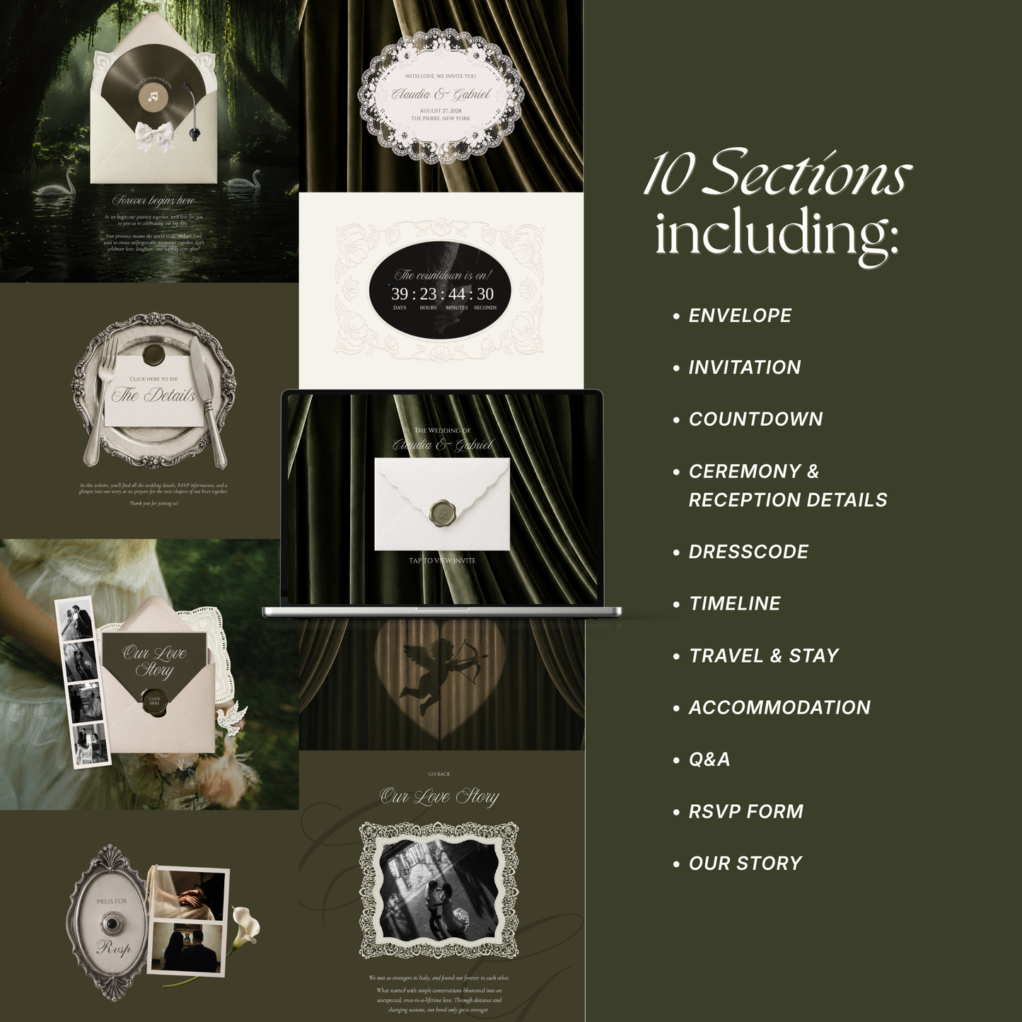 Olive Old Money Wedding Website Template : Classic Digital Wedding Invitation with RSVP, Music and Countdown Timer | Instant Download