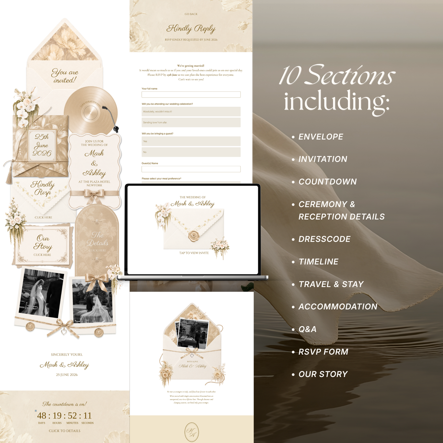 Floral Vintage Wedding Website Template | Champagne Beige Digital Wedding Invitation with RSVP, Music and Countdown Timer | Instant Download