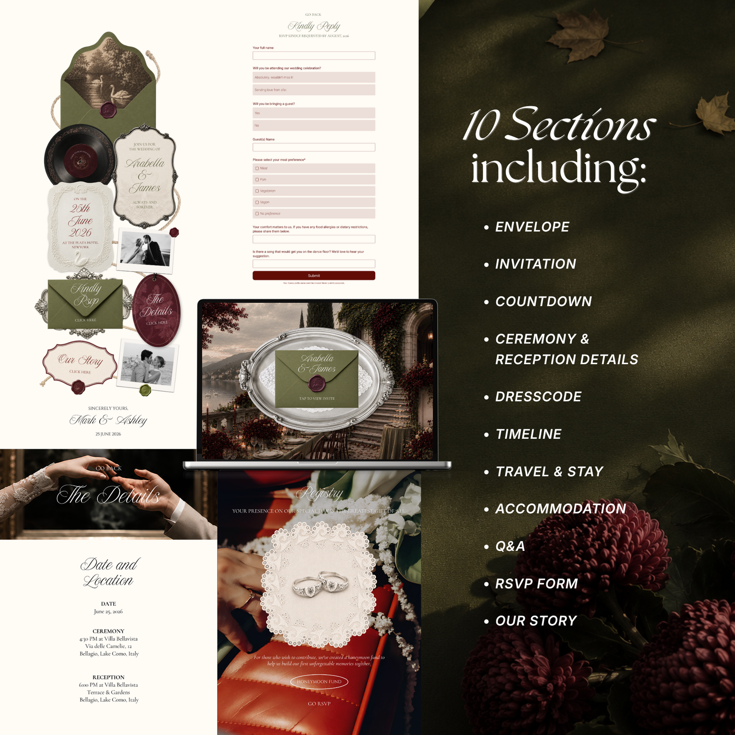 Olive Green & Burgundy Floral Wedding Website Template | Digital Editable Website with RSVP, Music and Countdown Timer | Instant Download