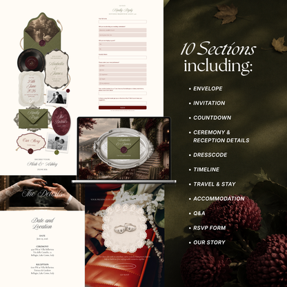 Olive Green & Burgundy Floral Wedding Website Template | Digital Editable Website with RSVP, Music and Countdown Timer | Instant Download