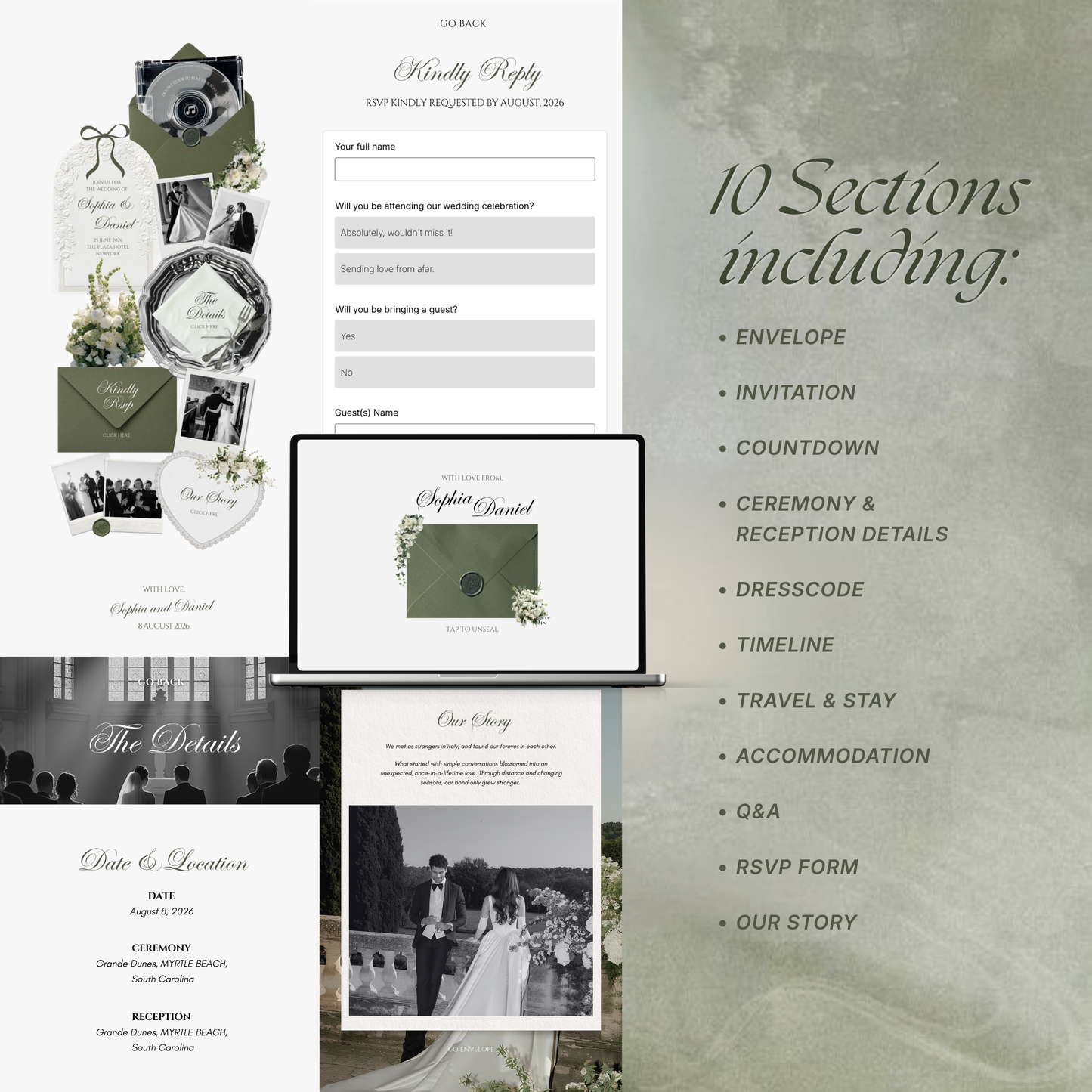 Sage Green Ivory Floral Wedding Website Template with RSVP, Music and Countdown Timer: Editable Canva Website (Digital Download