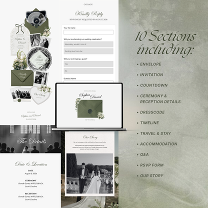 Sage Green Ivory Floral Wedding Website Template with RSVP, Music and Countdown Timer: Editable Canva Website (Digital Download