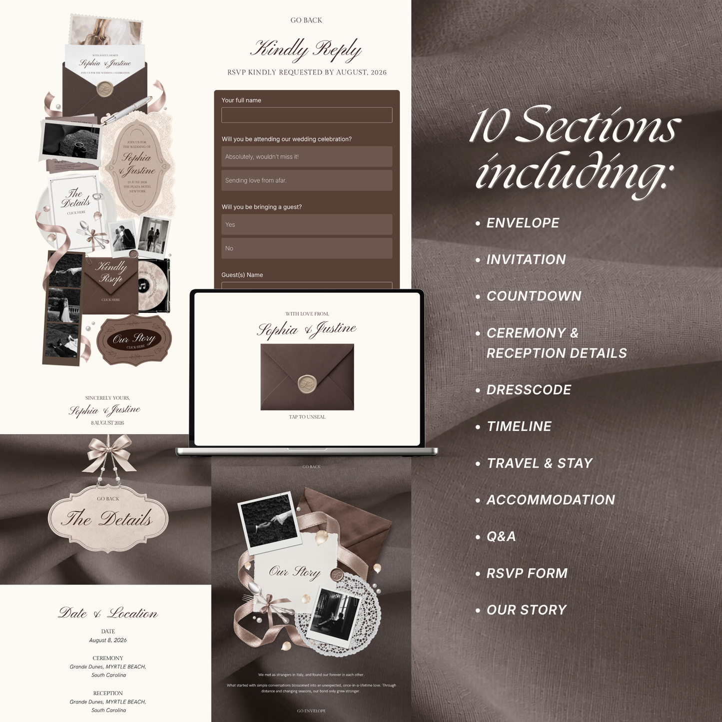 Espresso Brown Ivory Floral Wedding Website Template with RSVP, Music and Countdown Timer: Digital Wedding Template (Digital Download)