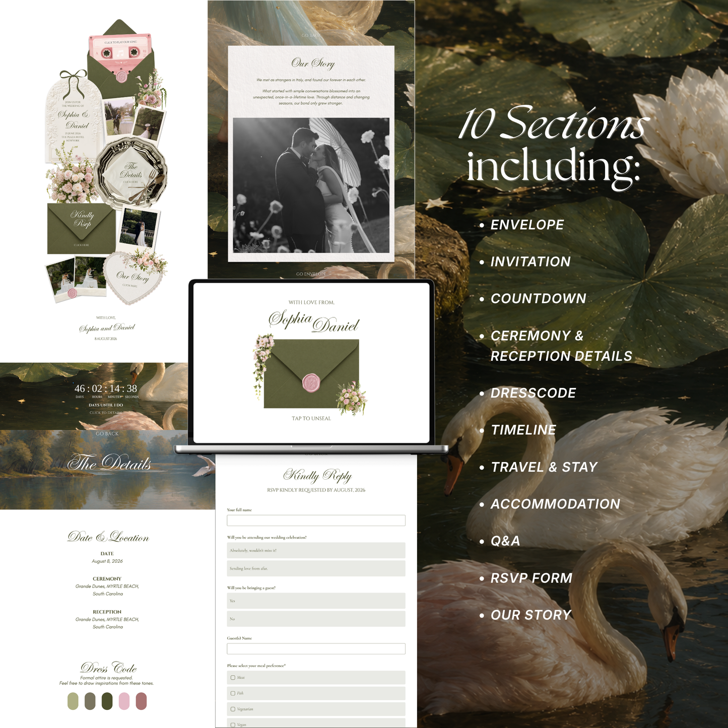 Olive Green & Pink Floral Wedding Website Template with RSVP, Music and Countdown Timer: Wedding Template (Digital Download)