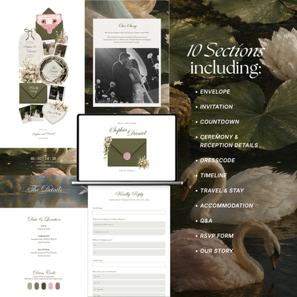 Olive Green & Pink Floral Wedding Website Template with RSVP, Music and Countdown Timer: Wedding Template (Digital Download)