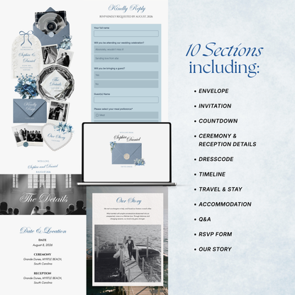 Dusty Blue Floral Wedding Website Template with RSVP, Music and Countdown Timer: Canva Editable Template (Digital Download)