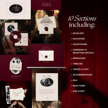 Burgundy & Ivory Wedding Website Template with RSVP, Music and Countdown Timer: Digital Wedding Template (Digital Download)