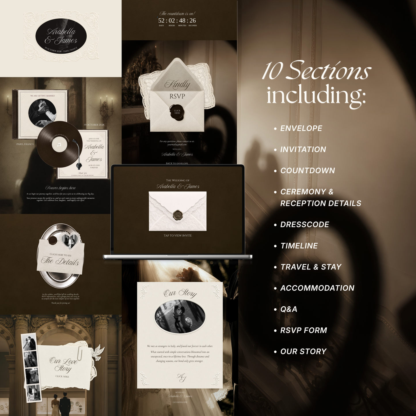 Ivory & Brown Old Money Wedding Website Template with RSVP, Music and Countdown Timer: Editable Canva Design (Digital Download)