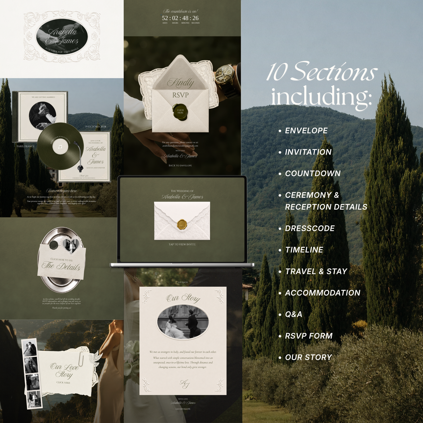 Olive Green Minimal Wedding Website Template with RSVP, Music and Countdown Timer: Digital Wedding Template (Digital Download)