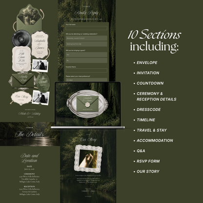 Olive Old Money Wedding Website Template with RSVP, Music and Countdown Timer: Editable Canva Website (Digital Download)