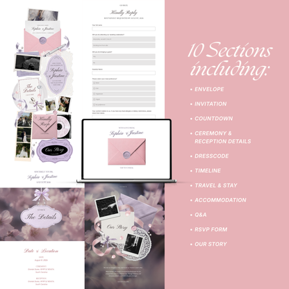 Pink Lilac Pastel Wedding Website Template with RSVP, Music and Countdown Timer | Editable Canva Website (Digital Download)